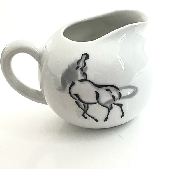 Vintage Japanese Black Horse Painted CREAM PITCHER Tea Server Creamer Signed - Picture 2 of 8